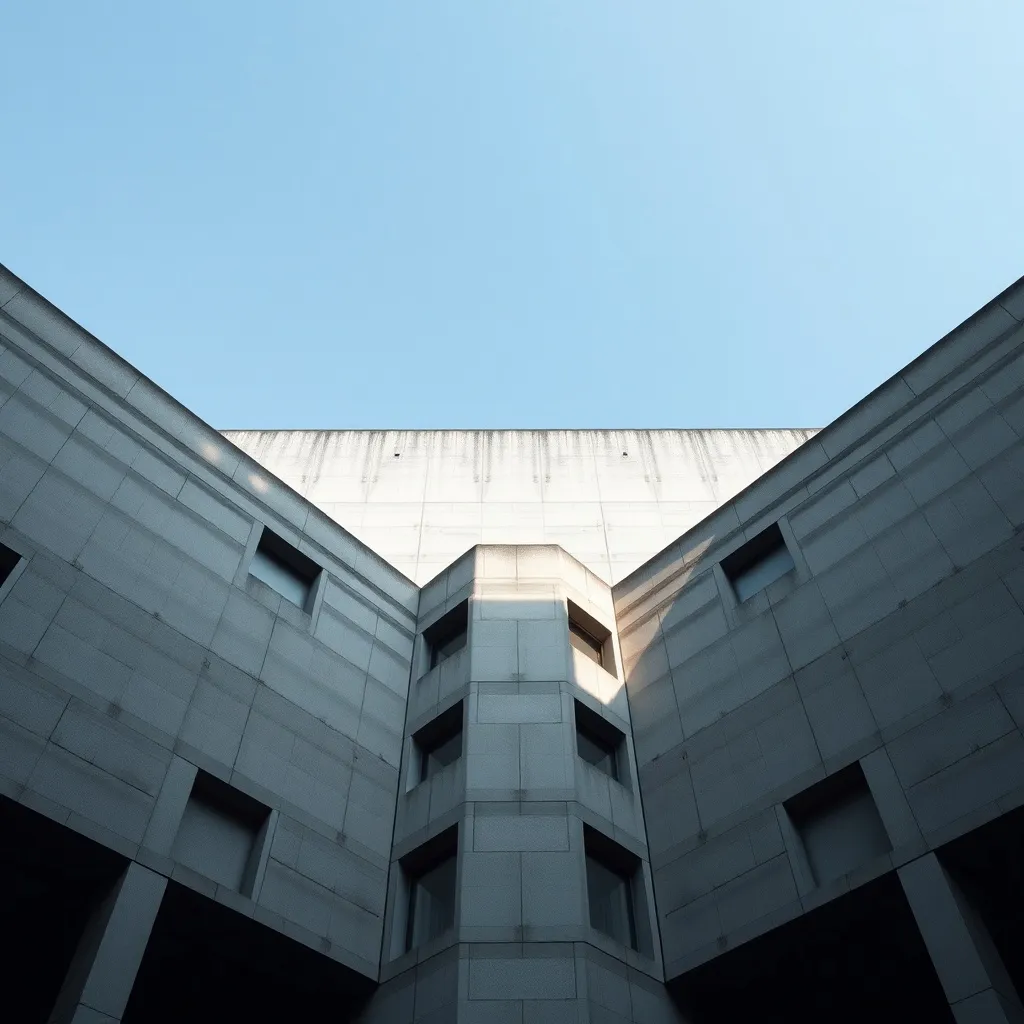 A high-angle architectural shot of a brutalist concrete buil
